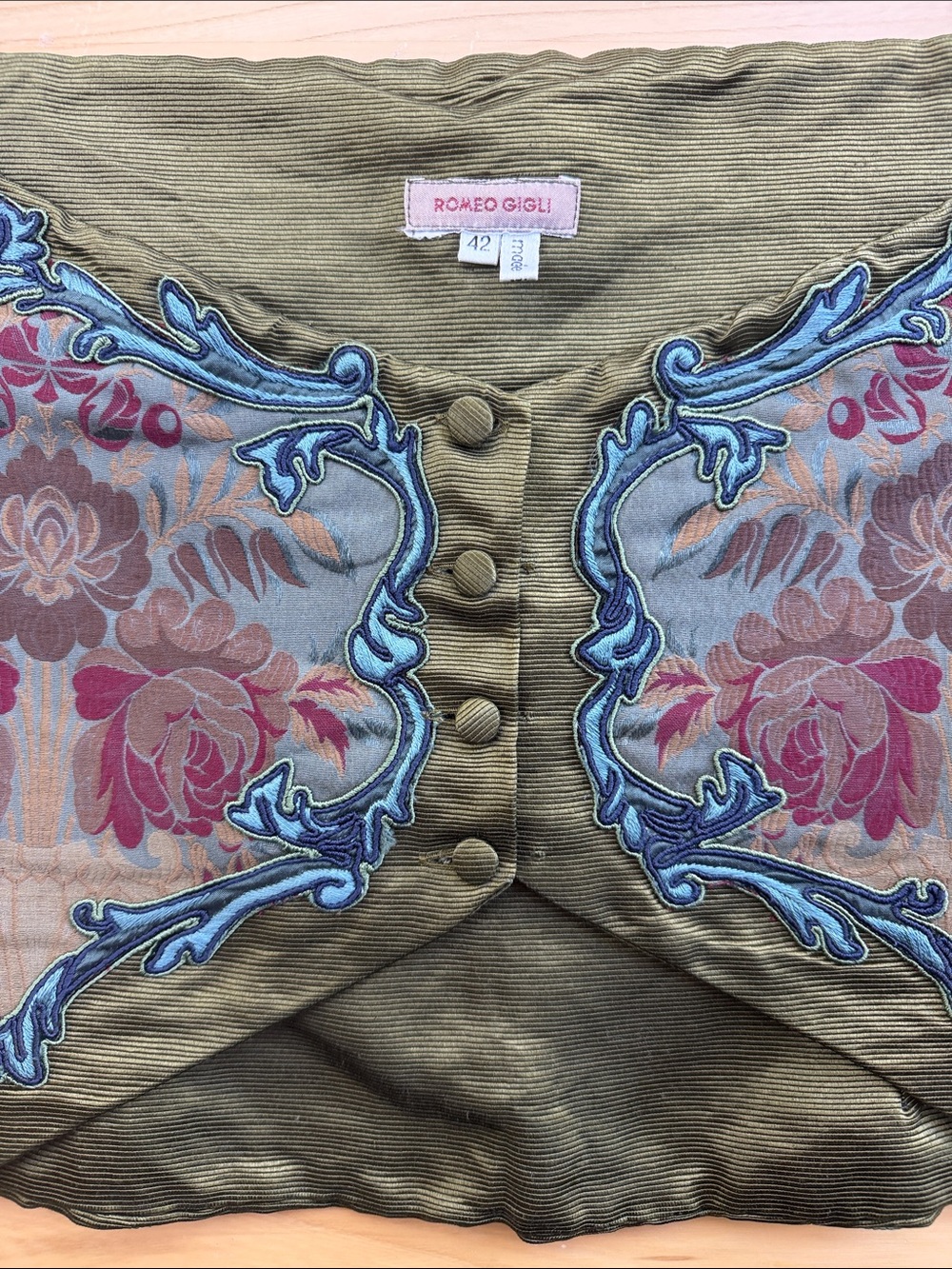 Romeo Gigli Runway Spring 1990 Olive Green Embroidered Brocade Bustier Top - Picture 6 of 11
